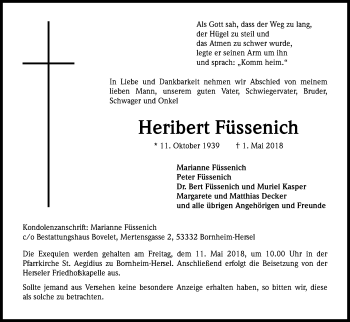 Anzeige von Heribert Füssenich von Kölner Stadt-Anzeiger / Kölnische Rundschau / Express