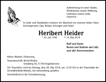 Anzeige von Heribert Heider von Kölner Stadt-Anzeiger / Kölnische Rundschau / Express