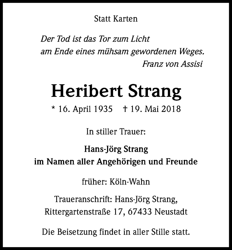  Traueranzeige für Heribert Strang vom 30.05.2018 aus Kölner Stadt-Anzeiger / Kölnische Rundschau / Express