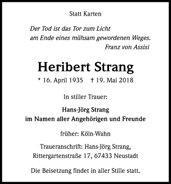 Anzeige von Heribert Strang von Kölner Stadt-Anzeiger / Kölnische Rundschau / Express