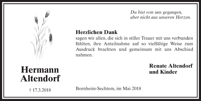  Traueranzeige für Hermann Altendorf vom 09.05.2018 aus  Schlossbote/Werbekurier 