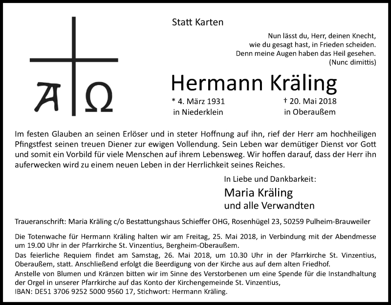 Traueranzeige für Hermann Kräling vom 23.05.2018 aus Kölner Stadt-Anzeiger / Kölnische Rundschau / Express