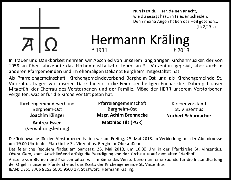  Traueranzeige für Hermann Kräling vom 23.05.2018 aus Kölner Stadt-Anzeiger / Kölnische Rundschau / Express