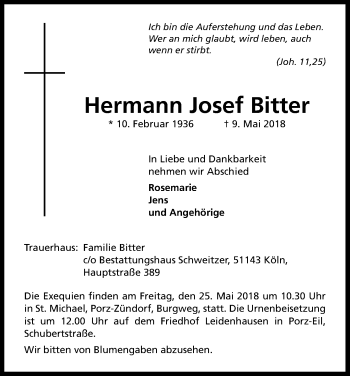 Anzeige von Hermann Josef Bitter von Kölner Stadt-Anzeiger / Kölnische Rundschau / Express