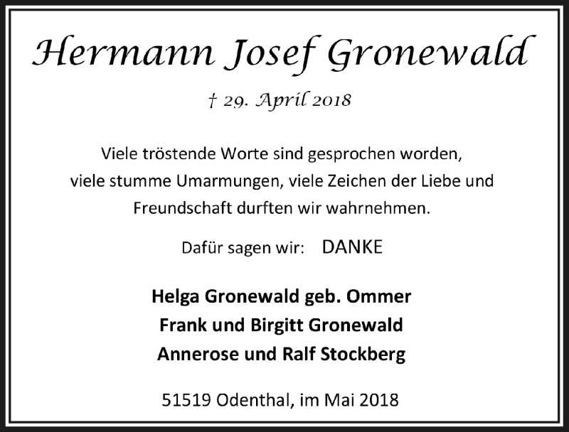  Traueranzeige für Hermann Josef Gronewald vom 23.05.2018 aus  Bergisches Handelsblatt 