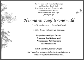 Anzeige von Hermann Josef Gronewald von  Bergisches Handelsblatt 