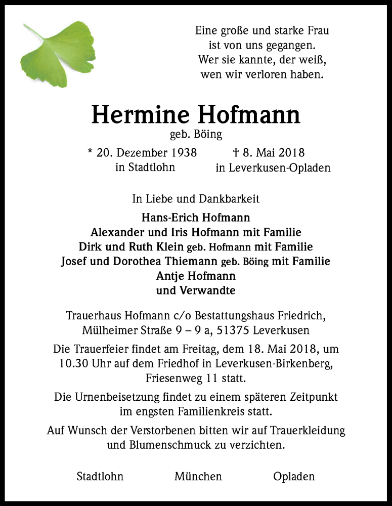  Traueranzeige für Hermine Hofmann vom 12.05.2018 aus Kölner Stadt-Anzeiger / Kölnische Rundschau / Express