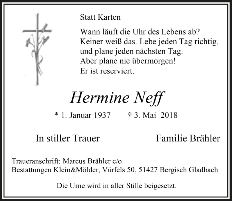  Traueranzeige für Hermine Neff vom 16.05.2018 aus  Bergisches Handelsblatt 