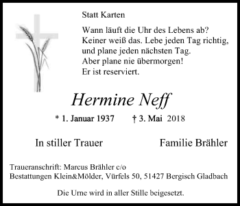 Anzeige von Hermine Neff von Kölner Stadt-Anzeiger / Kölnische Rundschau / Express
