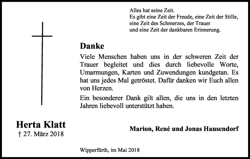  Traueranzeige für Herta Klatt vom 05.05.2018 aus Kölner Stadt-Anzeiger / Kölnische Rundschau / Express