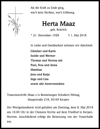 Anzeige von Herta Maaz von Kölner Stadt-Anzeiger / Kölnische Rundschau / Express