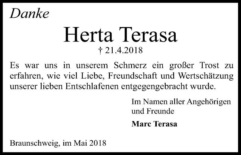  Traueranzeige für Herta Terasa vom 04.05.2018 aus Kölner Stadt-Anzeiger / Kölnische Rundschau / Express