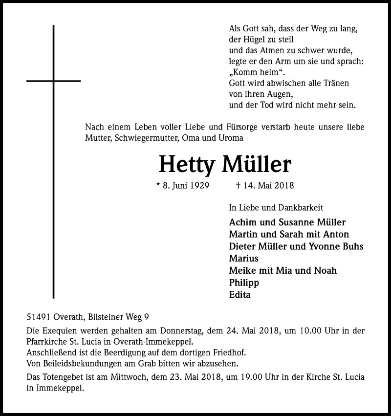  Traueranzeige für Hetty Müller vom 17.05.2018 aus Kölner Stadt-Anzeiger / Kölnische Rundschau / Express