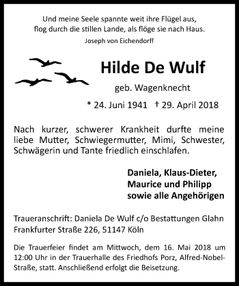 Anzeige von Hilde De Wulf von  Kölner Wochenspiegel 