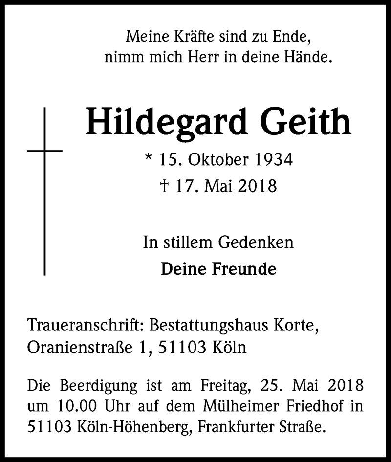  Traueranzeige für Hildegard Geith vom 24.05.2018 aus Kölner Stadt-Anzeiger / Kölnische Rundschau / Express