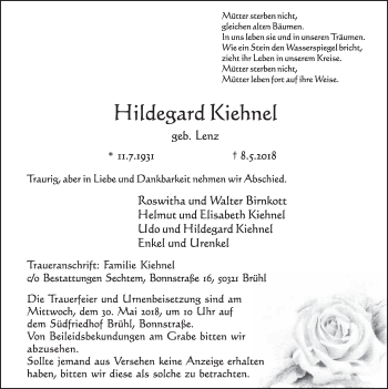 Anzeige von Hildegard Kiehnel von  Schlossbote/Werbekurier 