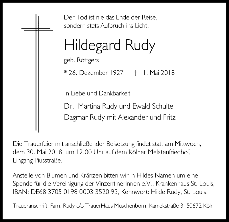  Traueranzeige für Hildegard Rudy vom 19.05.2018 aus Kölner Stadt-Anzeiger / Kölnische Rundschau / Express