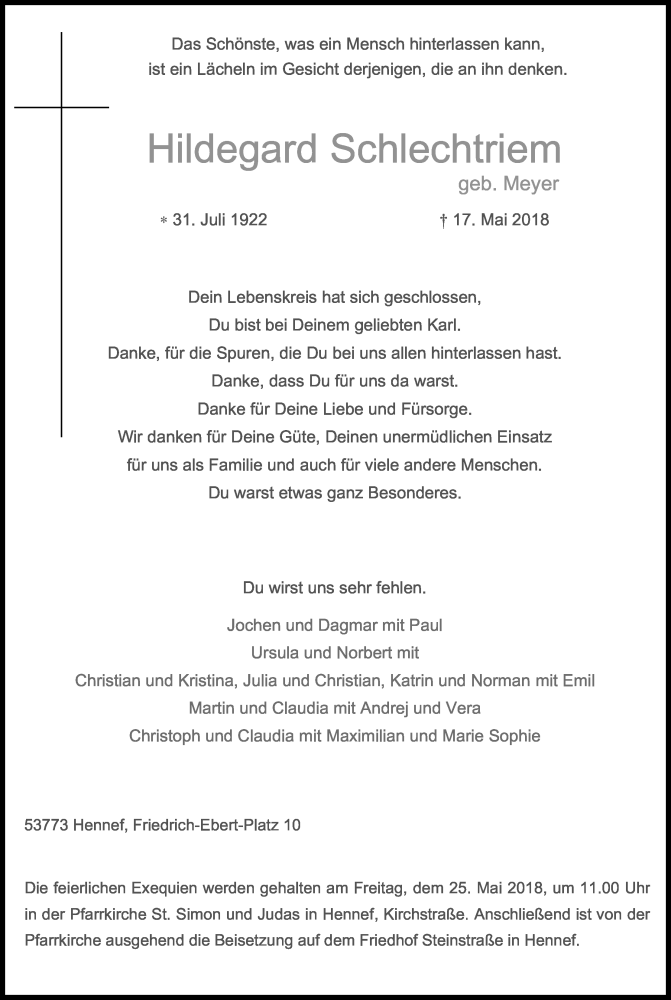  Traueranzeige für Hildegard Schlechtriem vom 19.05.2018 aus Kölner Stadt-Anzeiger / Kölnische Rundschau / Express