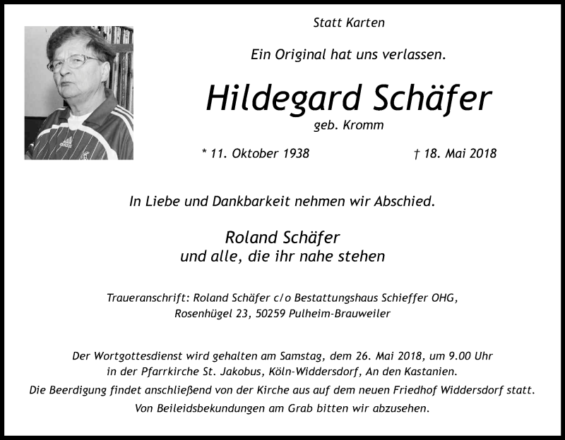  Traueranzeige für Hildegard Schäfer vom 23.05.2018 aus Kölner Stadt-Anzeiger / Kölnische Rundschau / Express