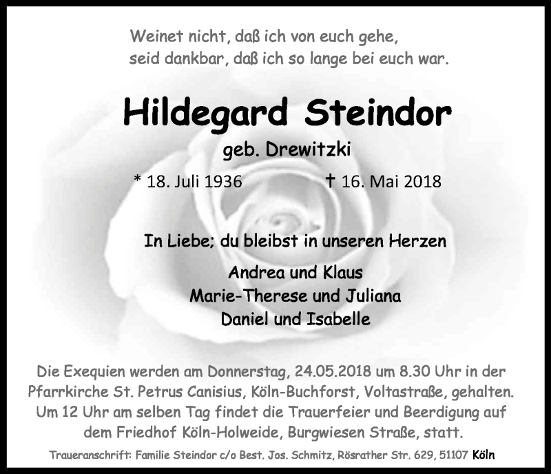  Traueranzeige für Hildegard Steindor vom 19.05.2018 aus Kölner Stadt-Anzeiger / Kölnische Rundschau / Express