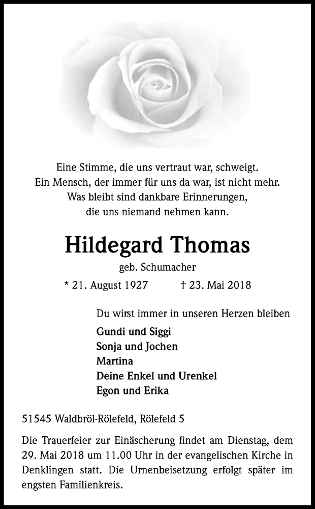  Traueranzeige für Hildegard Thomas vom 26.05.2018 aus Kölner Stadt-Anzeiger / Kölnische Rundschau / Express