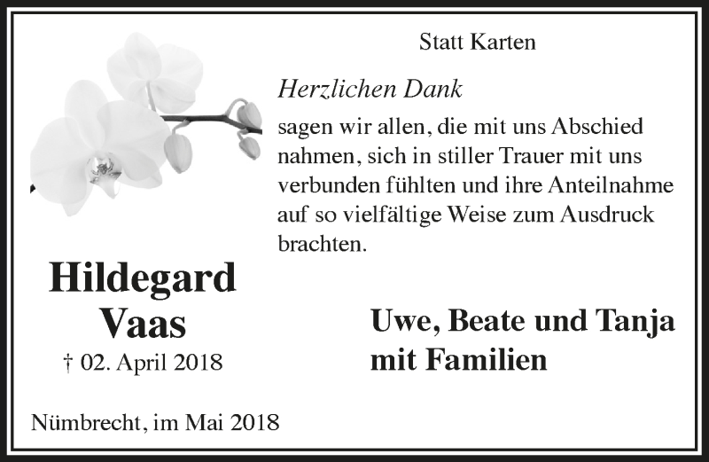  Traueranzeige für Hildegard Vaas vom 23.05.2018 aus  Lokalanzeiger 