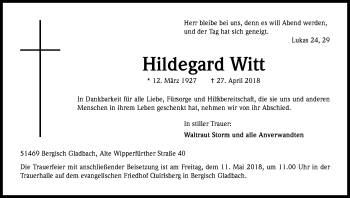 Anzeige von Hildegard Witt von Kölner Stadt-Anzeiger / Kölnische Rundschau / Express