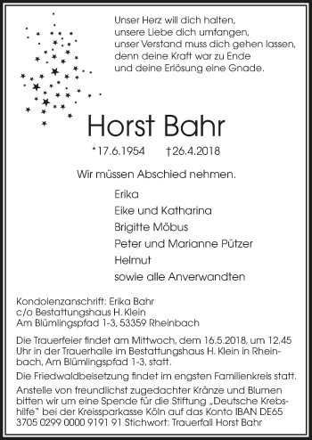 Anzeige von Horst Bahr von  Schaufenster/Blickpunkt 