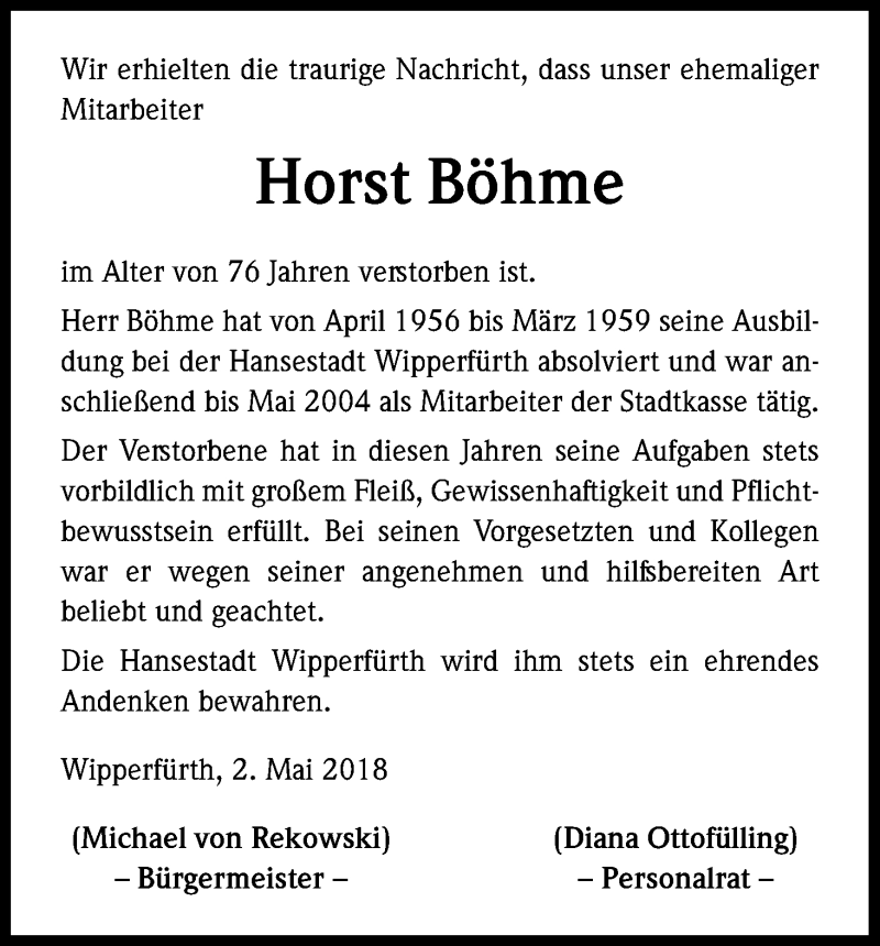  Traueranzeige für Horst Böhme vom 05.05.2018 aus Kölner Stadt-Anzeiger / Kölnische Rundschau / Express