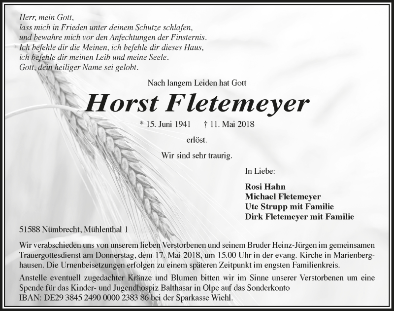  Traueranzeige für Horst Fletemeyer vom 16.05.2018 aus  Anzeigen Echo  Lokalanzeiger 