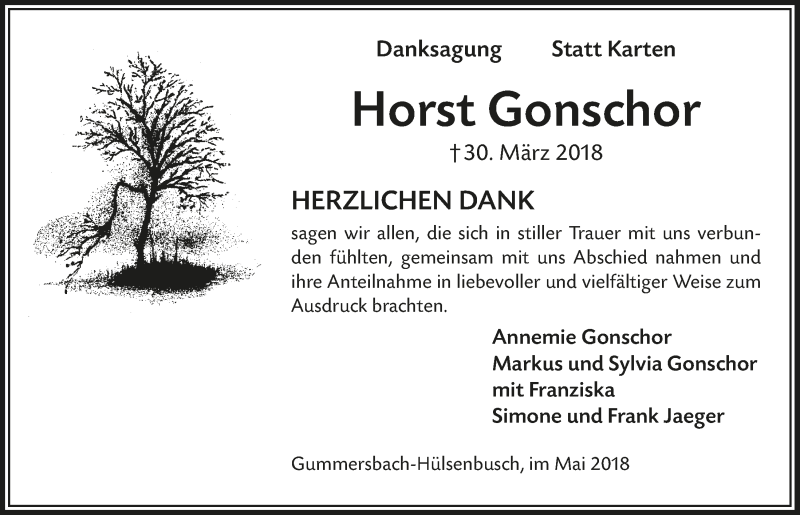  Traueranzeige für Horst Gonschor vom 09.05.2018 aus  Anzeigen Echo 