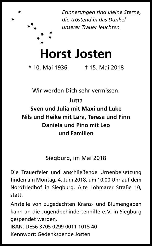  Traueranzeige für Horst Josten vom 30.05.2018 aus Kölner Stadt-Anzeiger / Kölnische Rundschau / Express