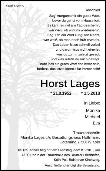 Anzeige von Horst Lages von Kölner Stadt-Anzeiger / Kölnische Rundschau / Express