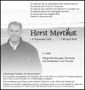 Anzeige von Horst Mertikat von Kölner Stadt-Anzeiger / Kölnische Rundschau / Express