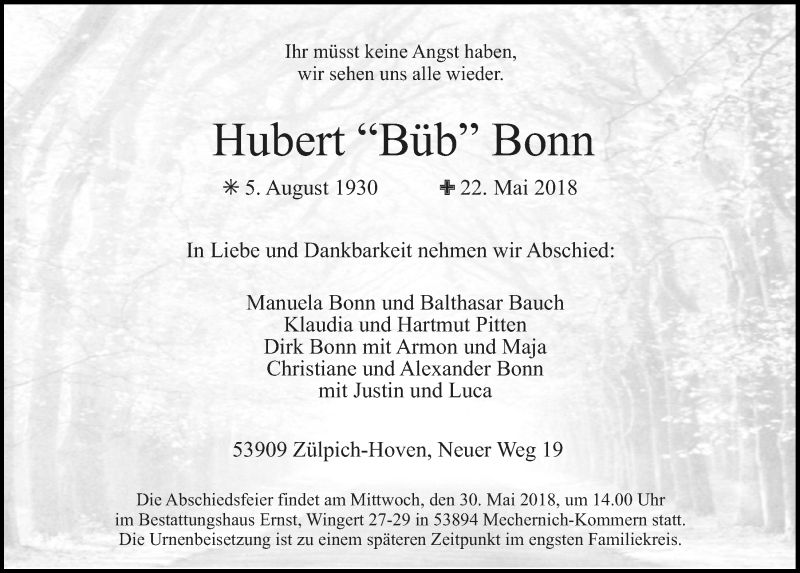  Traueranzeige für Hubert Bonn vom 26.05.2018 aus  Blickpunkt Euskirchen 