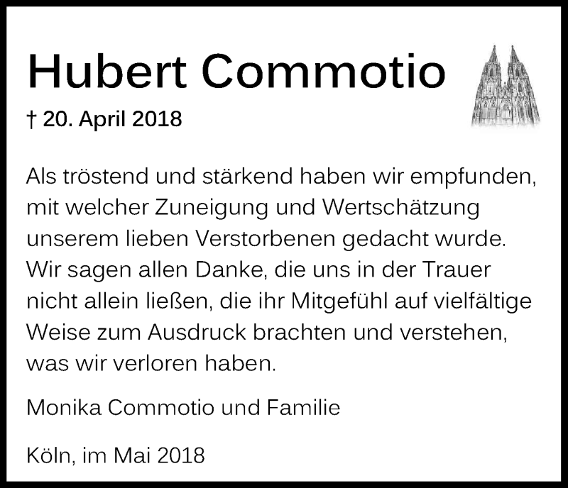  Traueranzeige für Hubert Commotio vom 26.05.2018 aus Kölner Stadt-Anzeiger / Kölnische Rundschau / Express