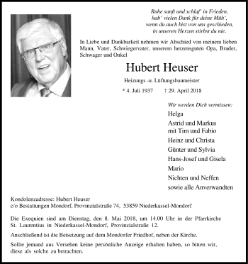 Anzeige von Hubert Heuser von Kölner Stadt-Anzeiger / Kölnische Rundschau / Express