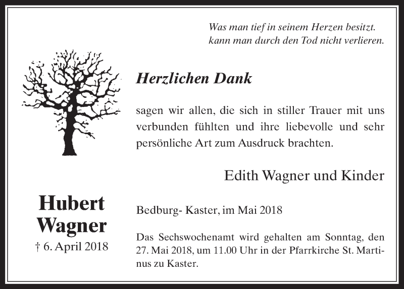 Traueranzeige für Hubert Wagner vom 16.05.2018 aus  Werbepost 
