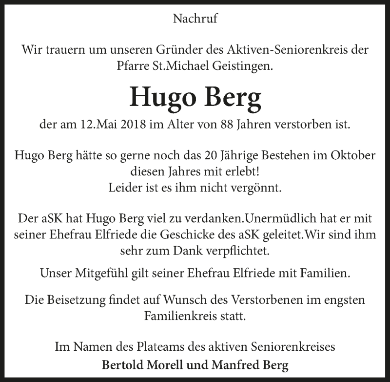  Traueranzeige für Hugo Berg vom 23.05.2018 aus  Extra Blatt 