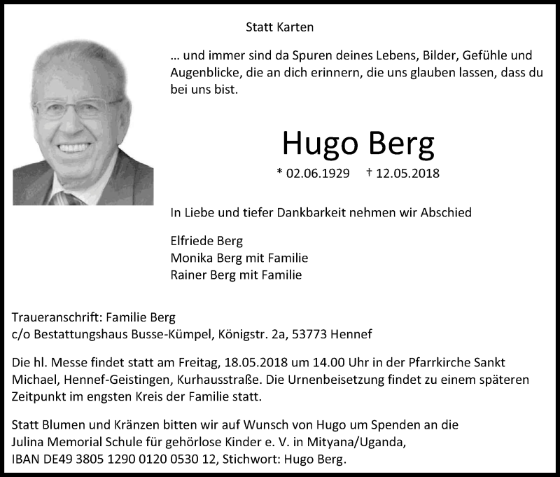  Traueranzeige für Hugo Berg vom 15.05.2018 aus Kölner Stadt-Anzeiger / Kölnische Rundschau / Express