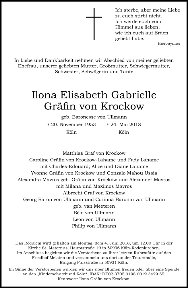  Traueranzeige für Ilona Elisabeth Gabrielle Gräfin von Krockow vom 30.05.2018 aus Kölner Stadt-Anzeiger / Kölnische Rundschau / Express