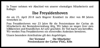 Anzeige von Ilse Freyaldenhoven von Kölner Stadt-Anzeiger / Kölnische Rundschau / Express