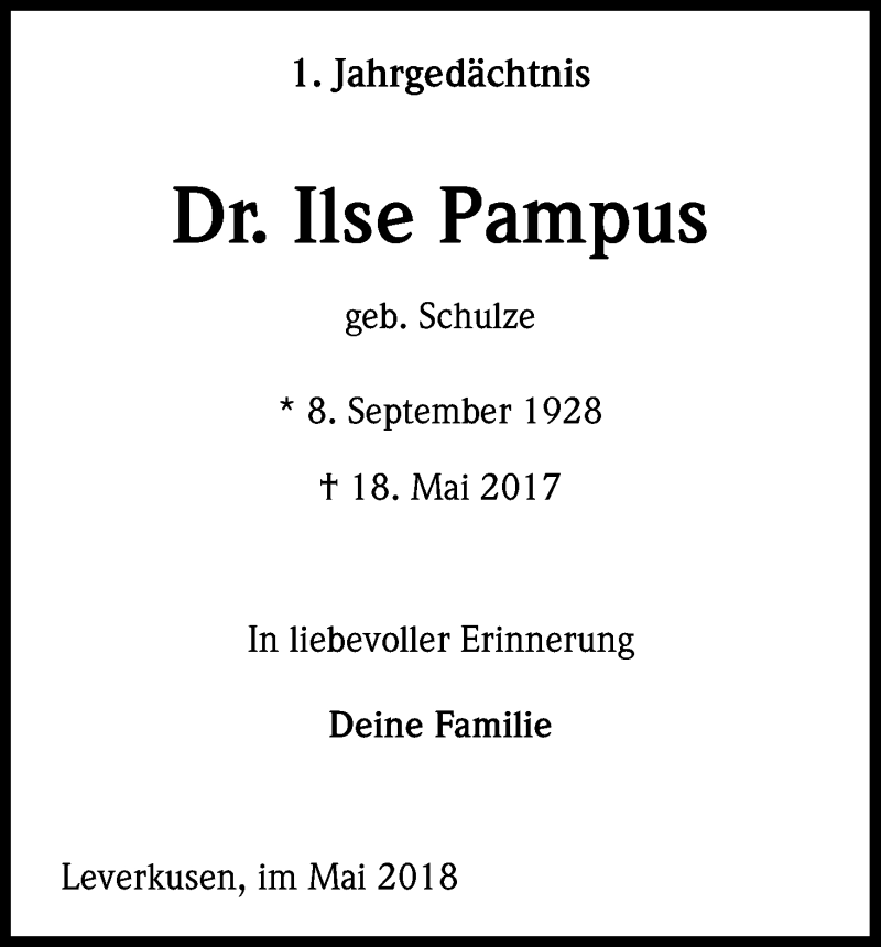  Traueranzeige für Ilse Pampus vom 18.05.2018 aus Kölner Stadt-Anzeiger / Kölnische Rundschau / Express