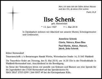 Anzeige von Ilse Schenk von Kölner Stadt-Anzeiger / Kölnische Rundschau / Express