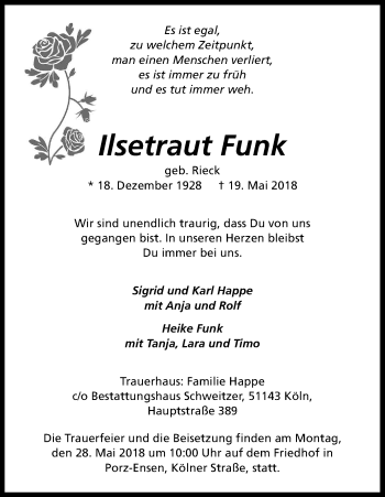 Anzeige von Ilsetraut Funk von Kölner Stadt-Anzeiger / Kölnische Rundschau / Express