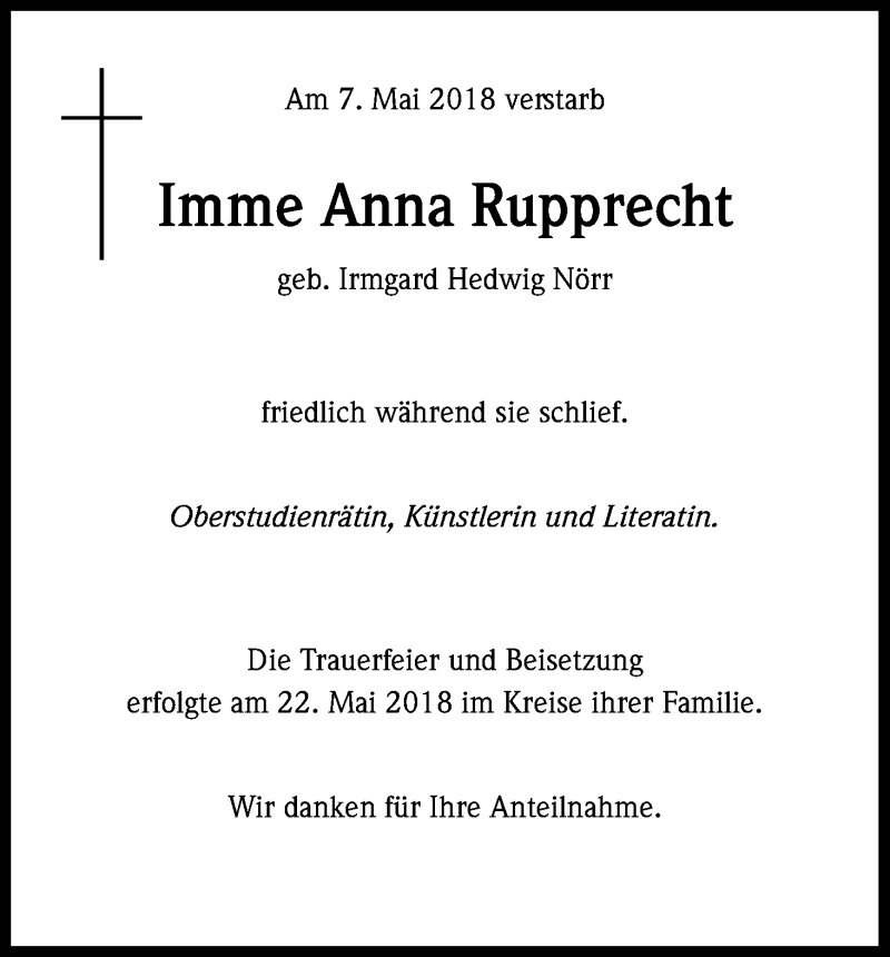  Traueranzeige für Imme Anna Rupprecht vom 24.05.2018 aus Kölner Stadt-Anzeiger / Kölnische Rundschau / Express