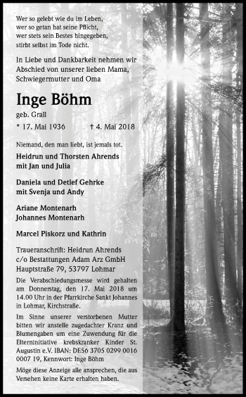 Anzeige von Inge Böhm von Kölner Stadt-Anzeiger / Kölnische Rundschau / Express