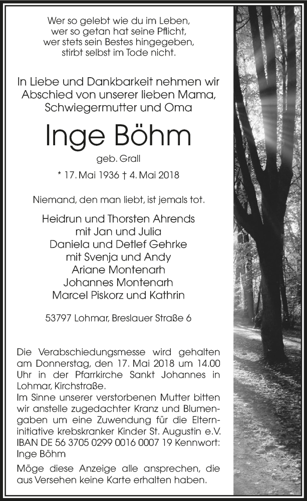  Traueranzeige für Inge Böhm vom 16.05.2018 aus  Extra Blatt 
