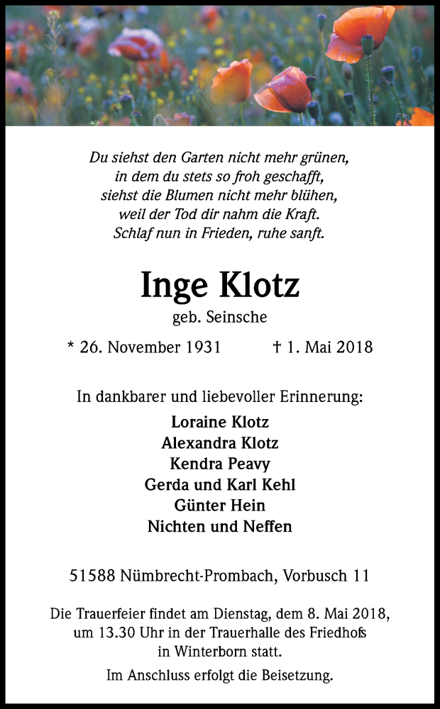  Traueranzeige für Inge Klotz vom 05.05.2018 aus Kölner Stadt-Anzeiger / Kölnische Rundschau / Express