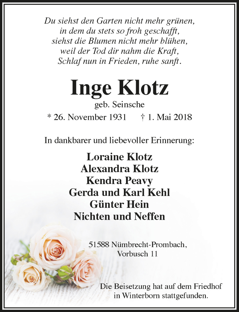  Traueranzeige für Inge Klotz vom 09.05.2018 aus  Lokalanzeiger 